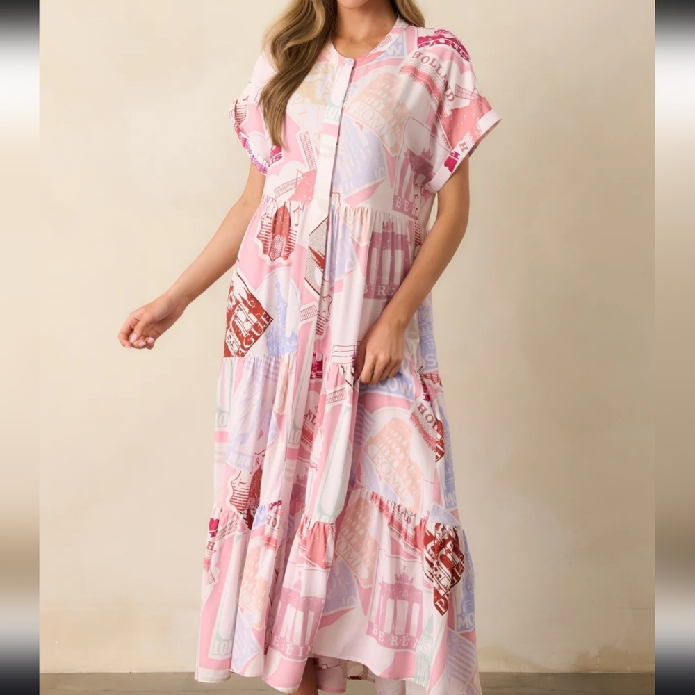 Prosperina Pink Printed Tiered Midi Dress Size Small - Picture 2 of 4